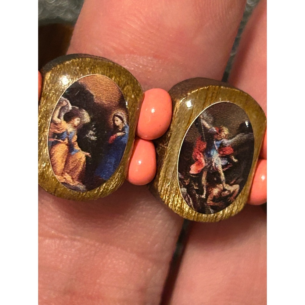 Catholic Religious Wood Icon Stretch Bracelet Pink Spacer Beads Saints Angels - Picture 3 of 6